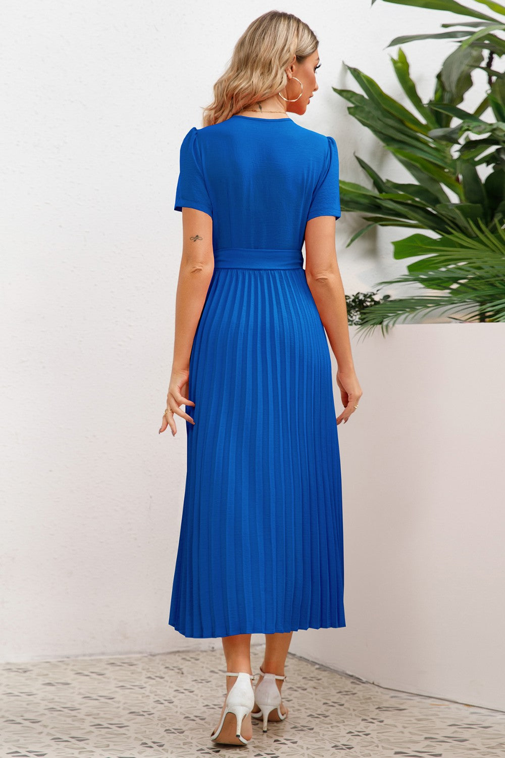 Pleated Short-Sleeved Midi Dress