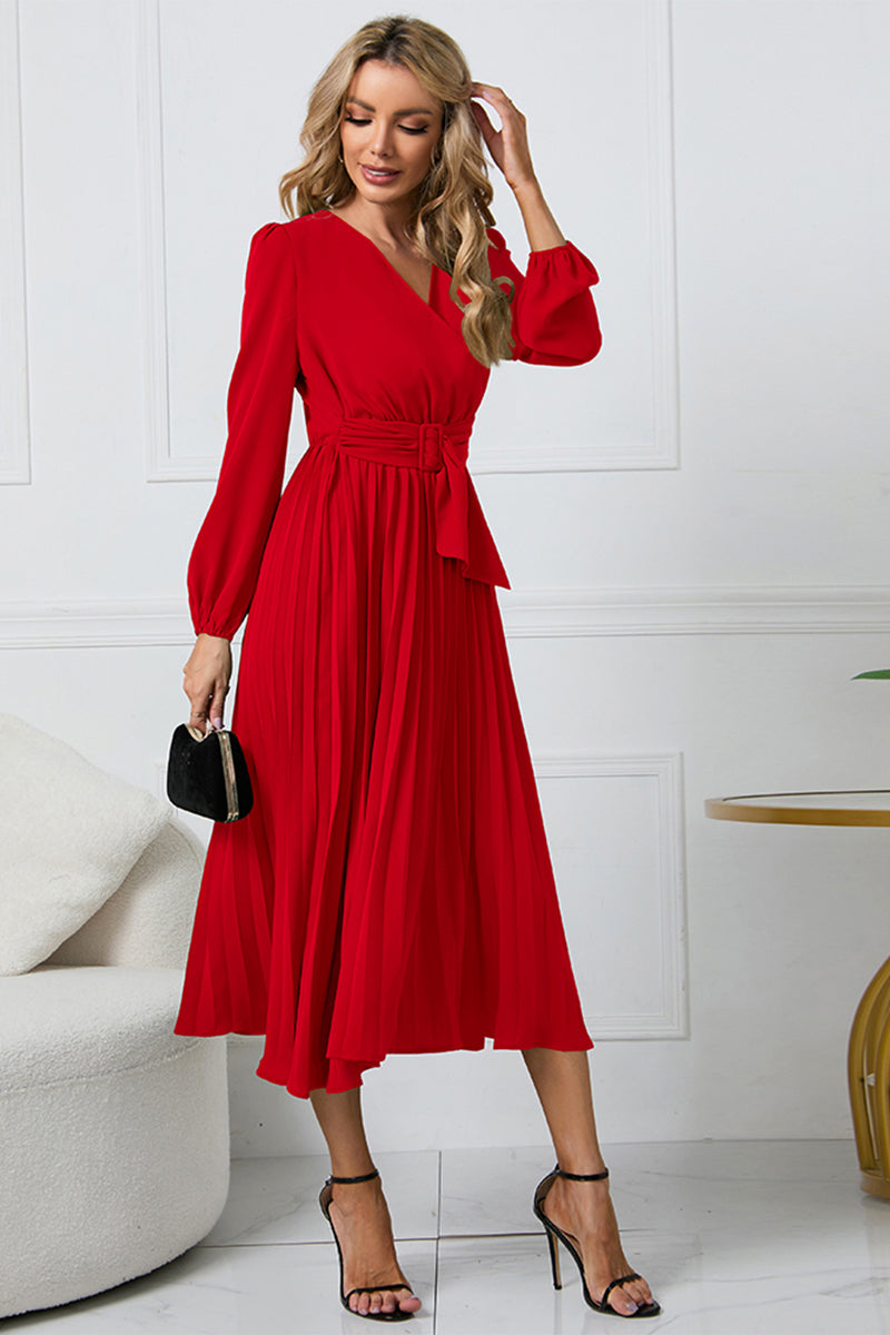 V-Neck Long-Sleeved Midi Dress