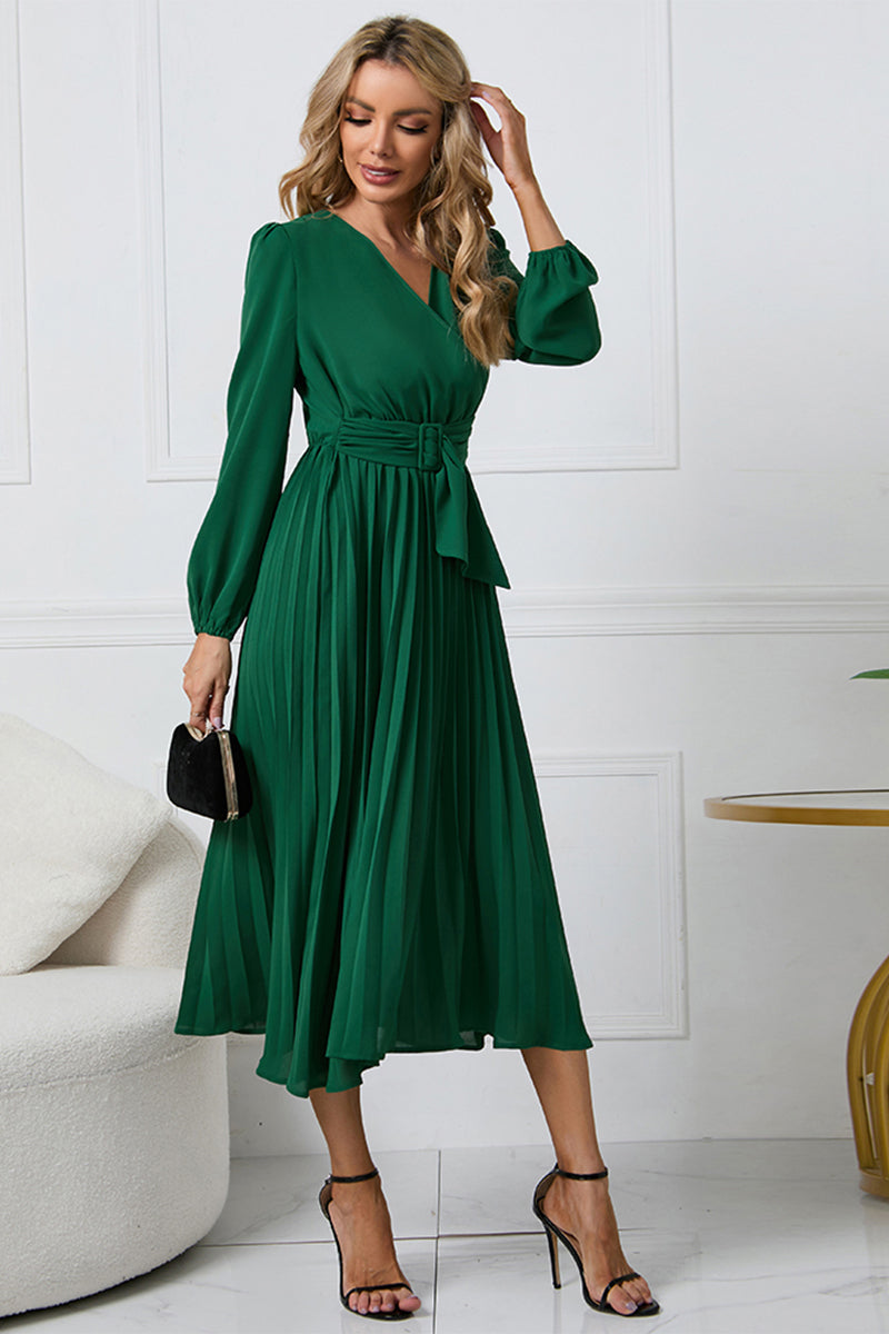 V-Neck Long-Sleeved Midi Dress