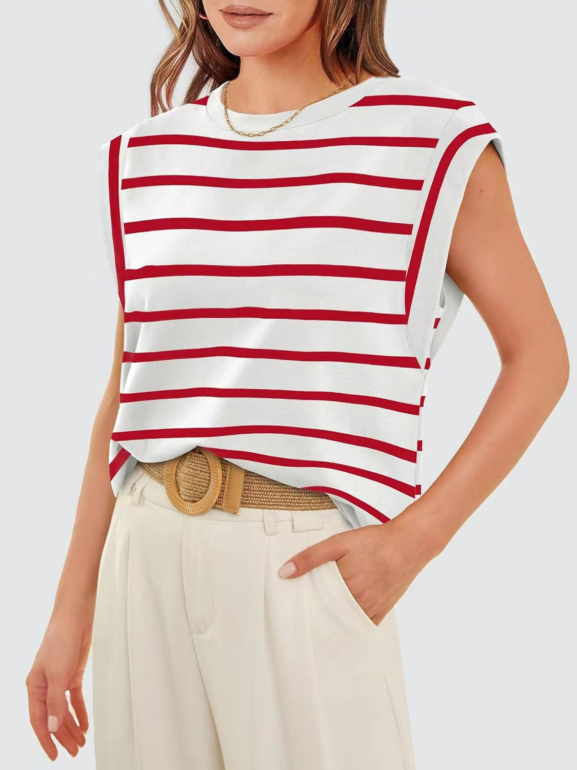 Striped Cap-Sleeve Blouse