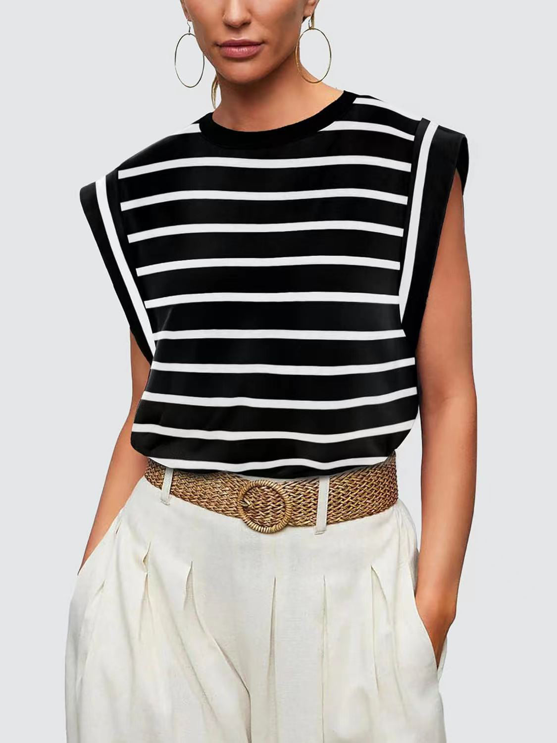 Striped Cap-Sleeve Blouse