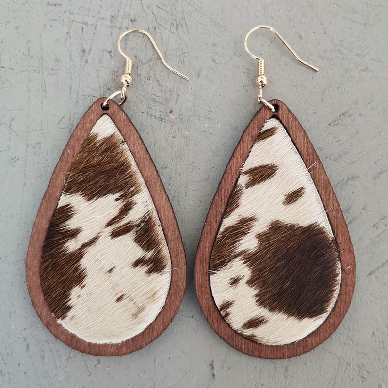 Wooden Teardrop Animal-Print Earrings