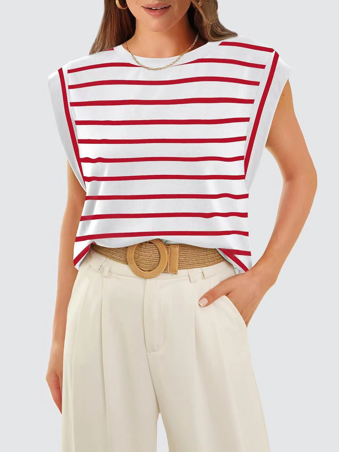 Striped Cap-Sleeve Blouse