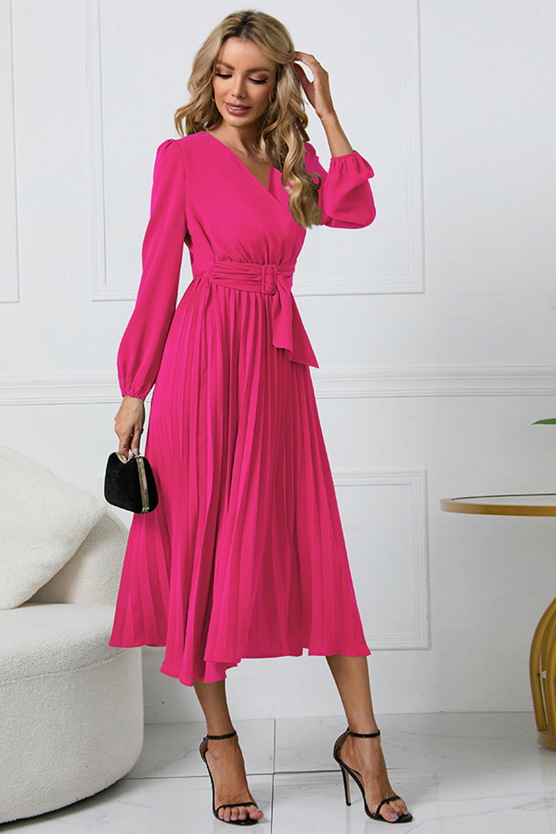 V-Neck Long-Sleeved Midi Dress
