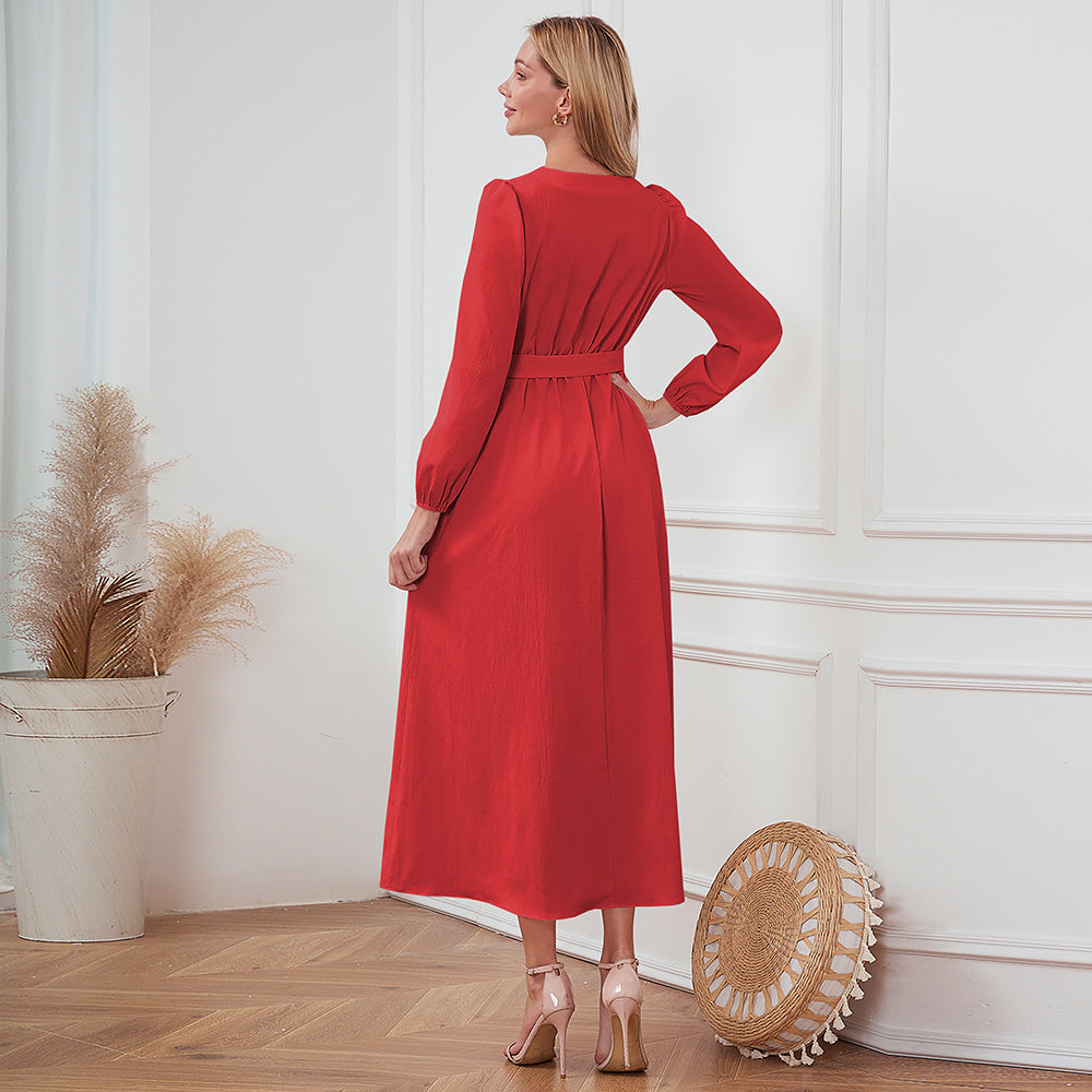 Buttoned V-Neck Long-Sleeved Dress