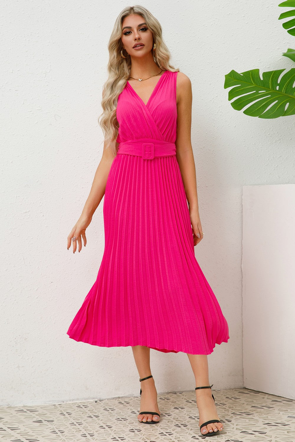 Sleeveless Pleated V-Neck Dress