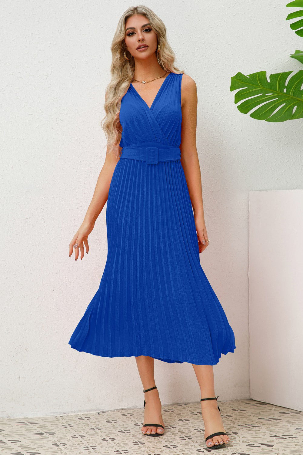 Sleeveless Pleated V-Neck Dress