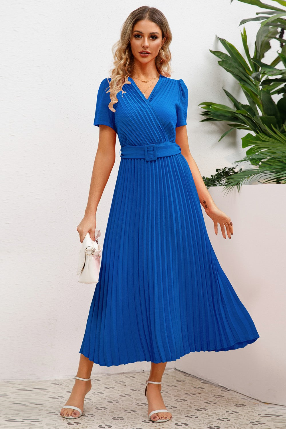 Pleated Short-Sleeved Midi Dress