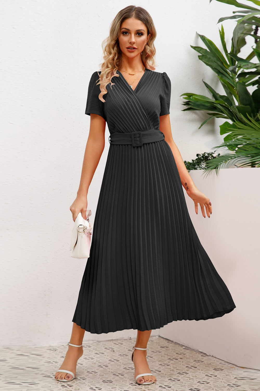 Pleated Short-Sleeved Midi Dress