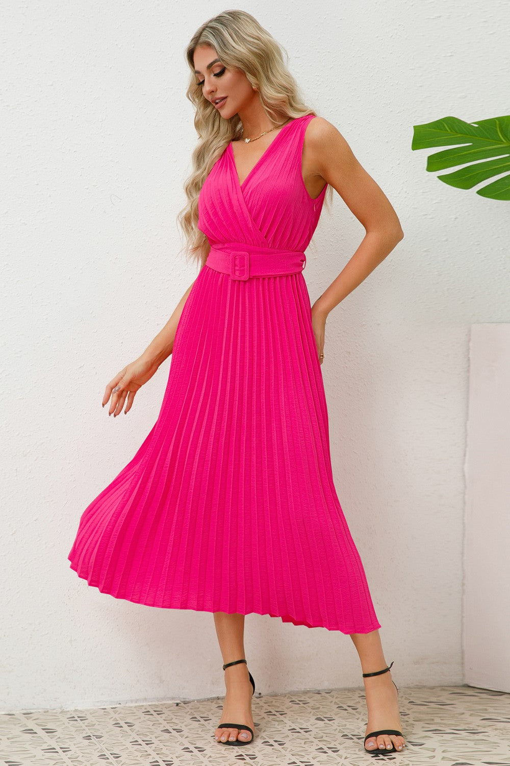 Sleeveless Pleated V-Neck Dress