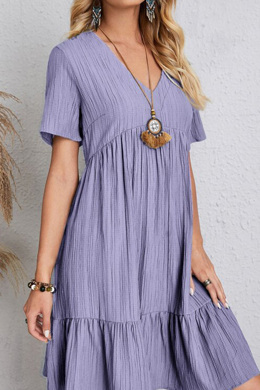 Cotton V-Neck Short-Sleeved Dress