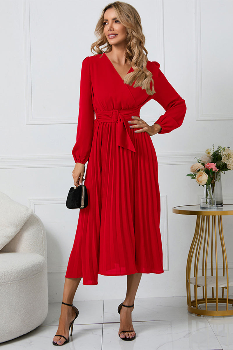 V-Neck Long-Sleeved Midi Dress