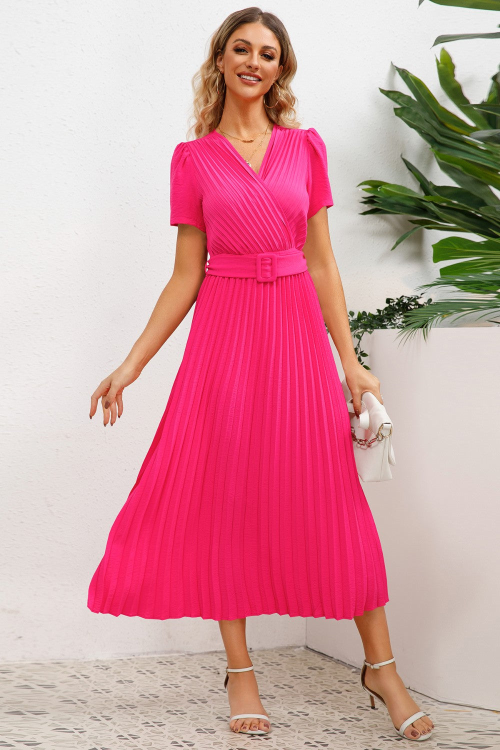 Pleated Short-Sleeved Midi Dress