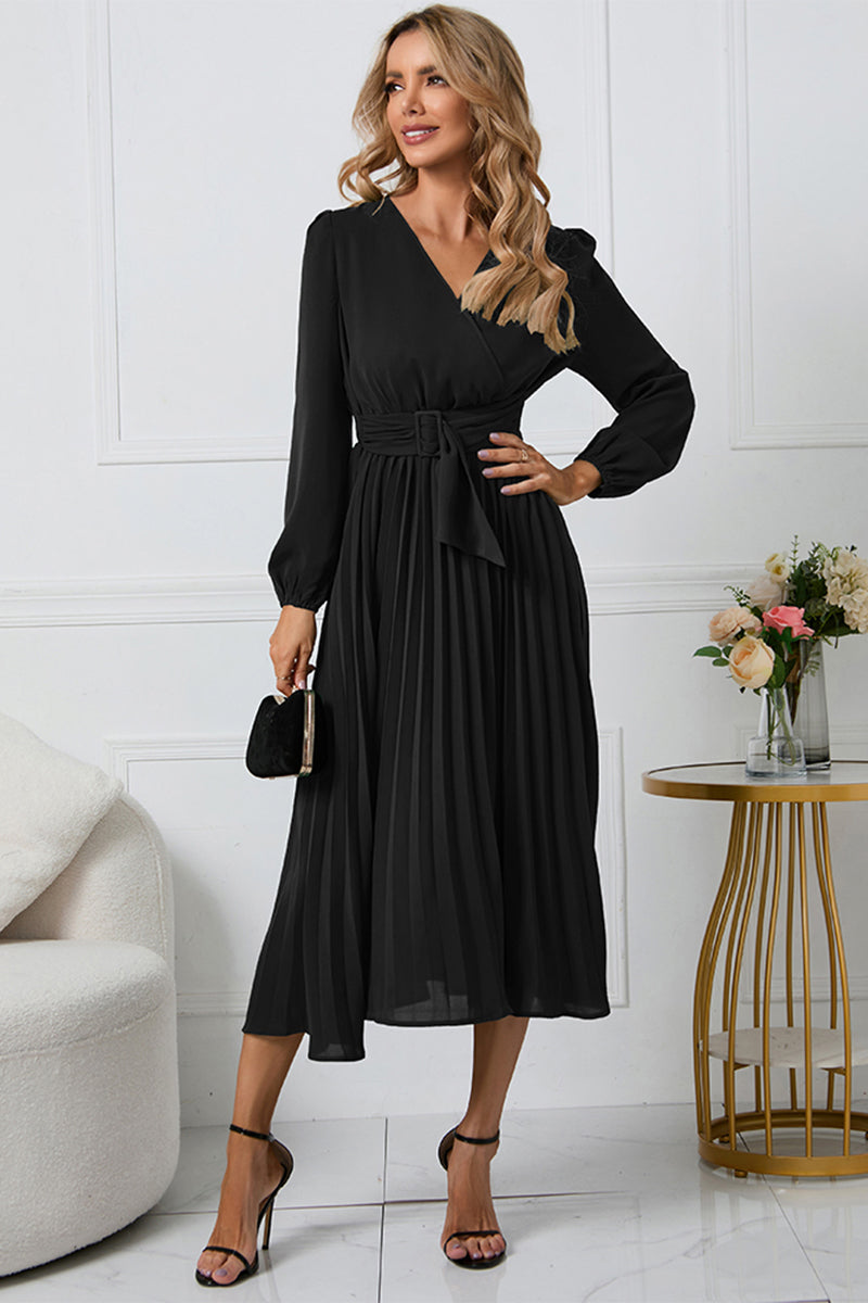 V-Neck Long-Sleeved Midi Dress