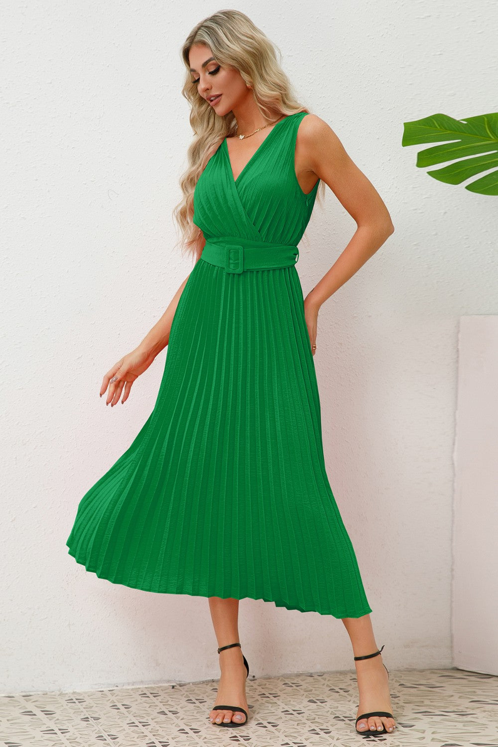 Sleeveless Pleated V-Neck Dress