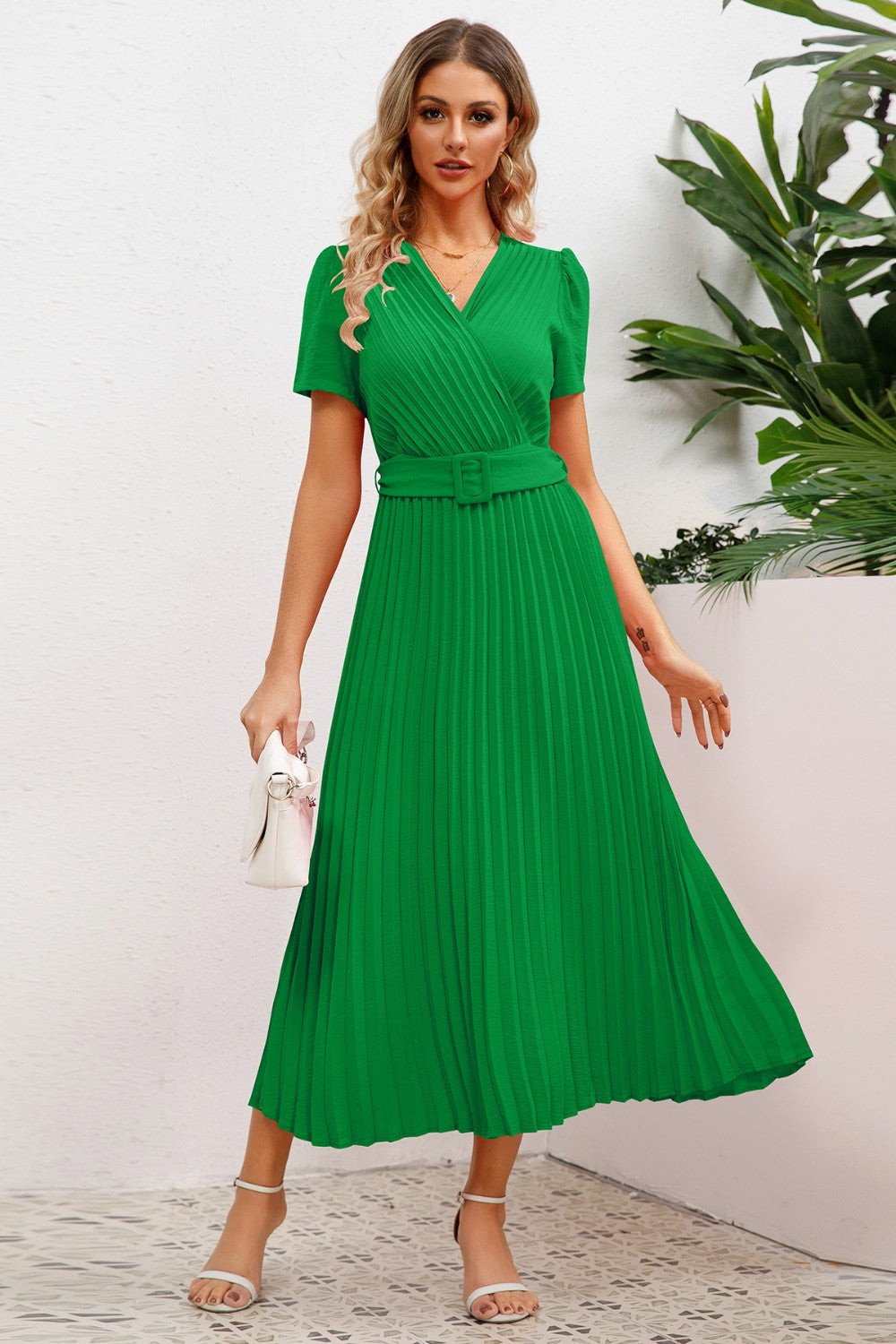 Pleated Short-Sleeved Midi Dress