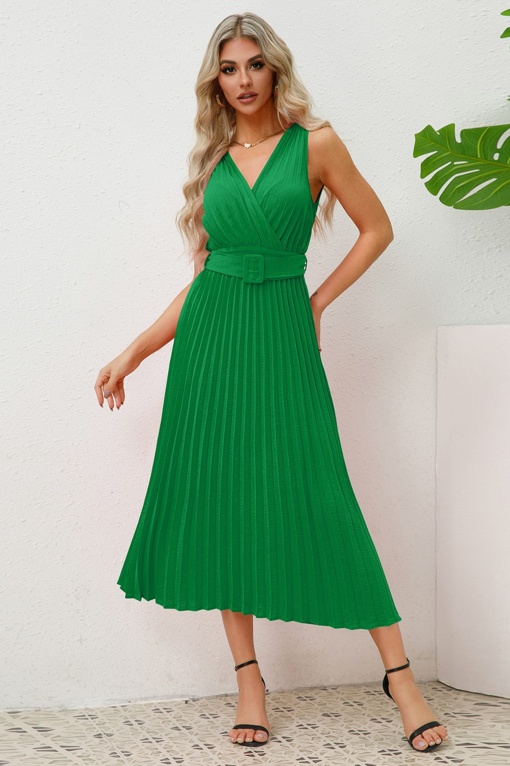 Sleeveless Pleated V-Neck Dress