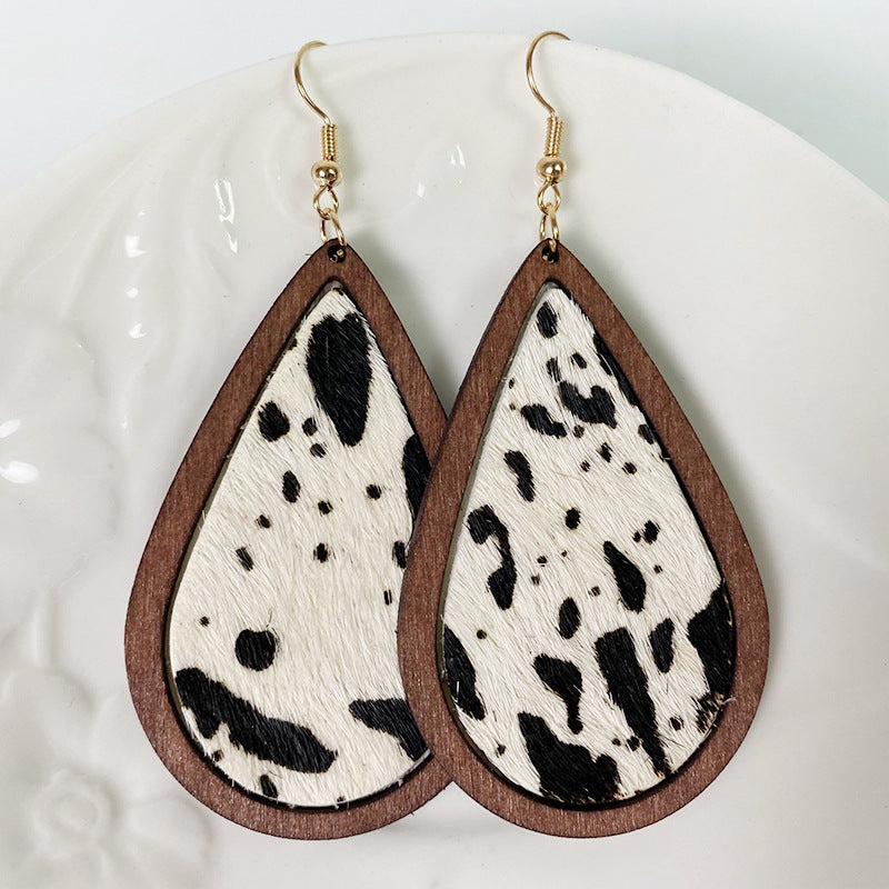 Wooden Teardrop Animal-Print Earrings