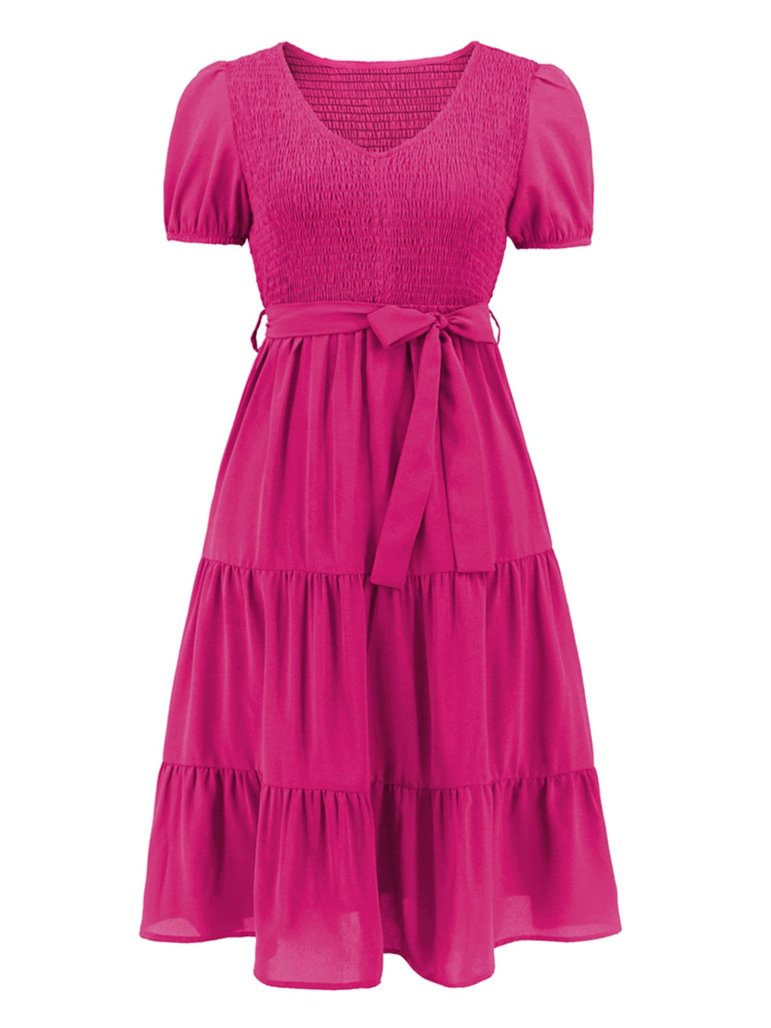 Smocked Short-Sleeved Tiered Dress