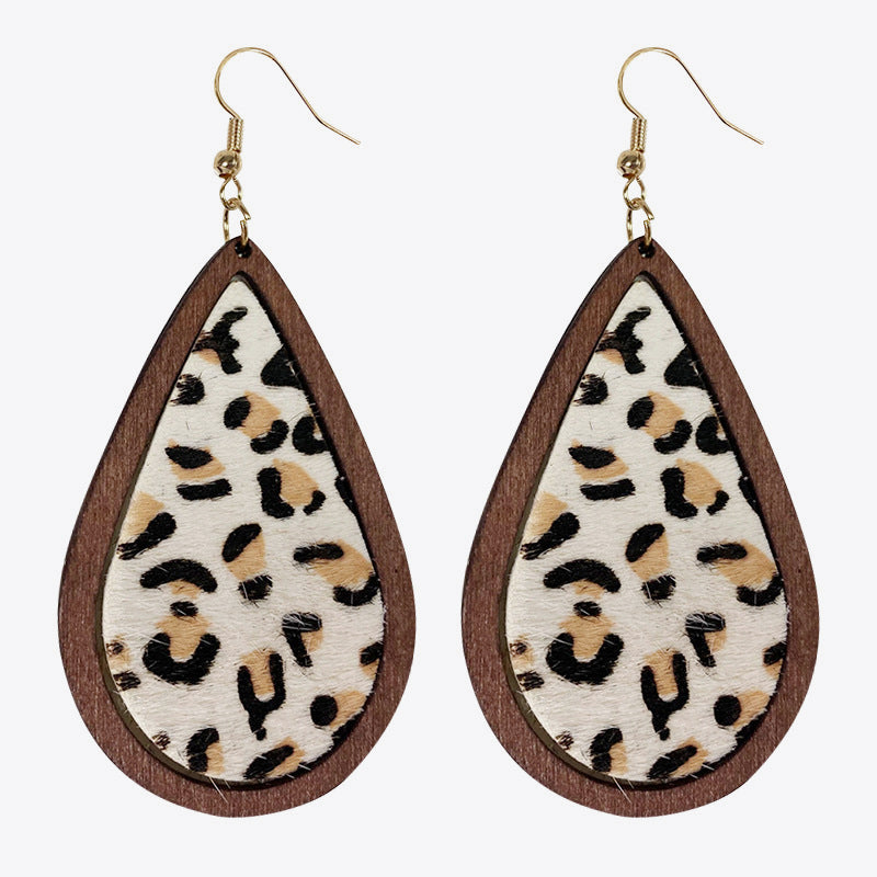 Wooden Teardrop Animal-Print Earrings