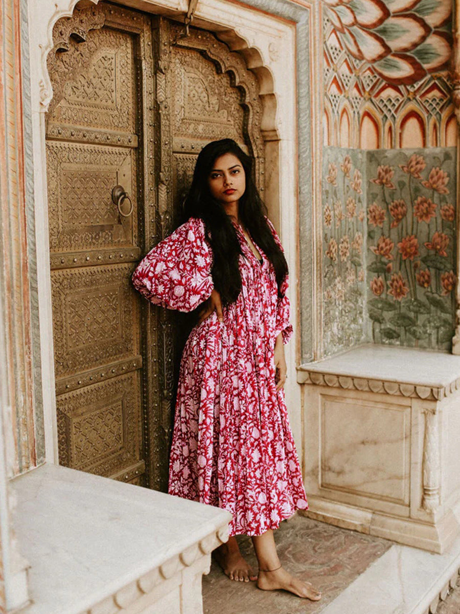 Printed Floral Lantern Sleeve Dress