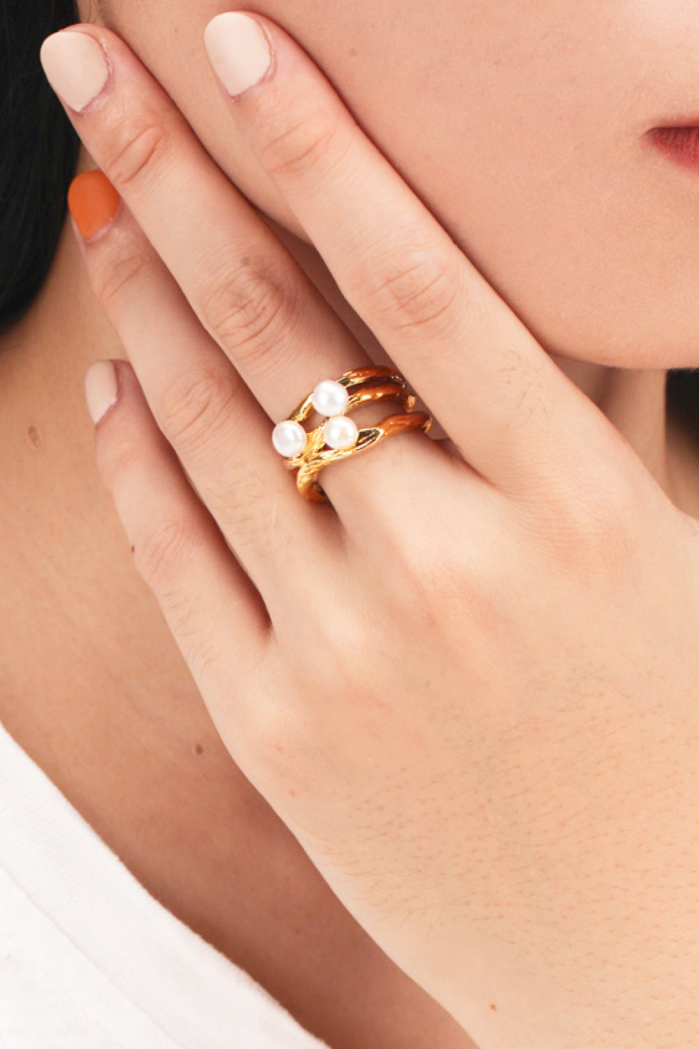 18k Gold-Plated Three Pearl Ring