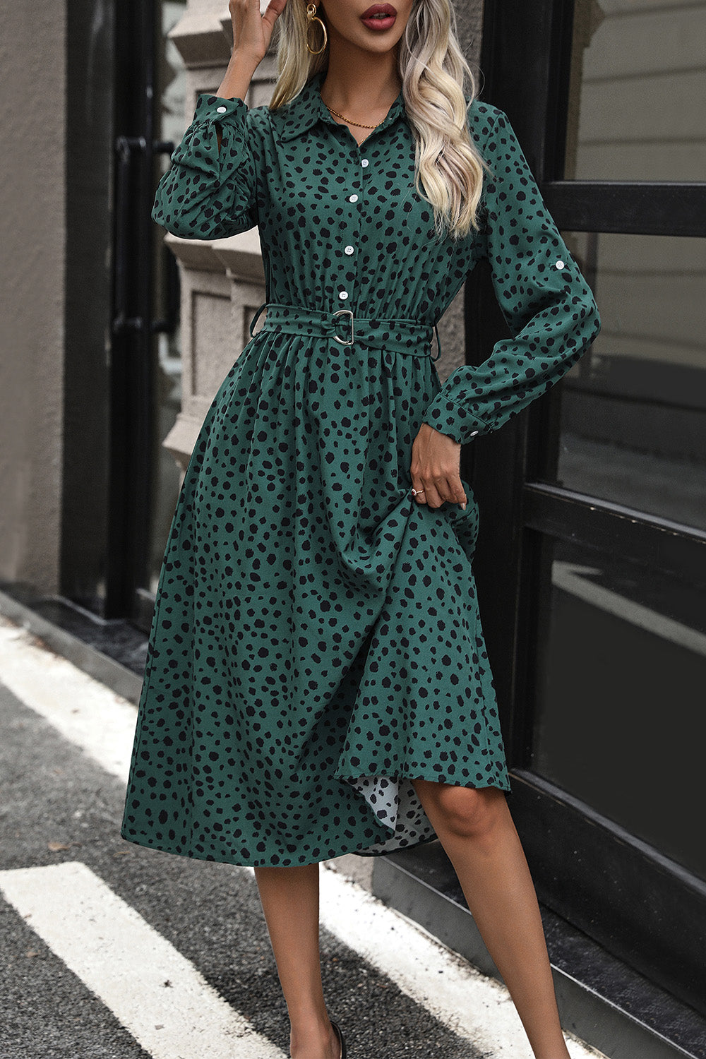Button-Down Polka Dot Midi Dress