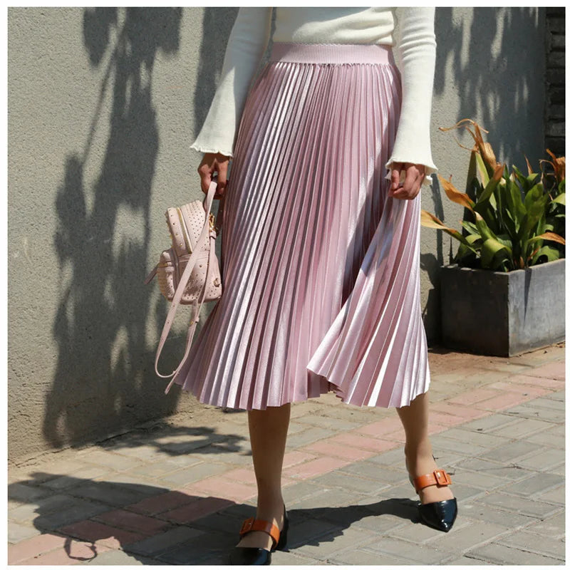 Metallic Pleated Midi Skirt