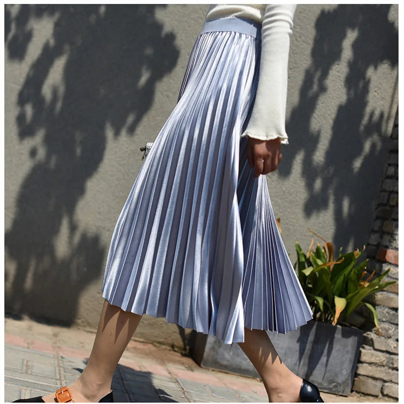 Metallic Pleated Midi Skirt