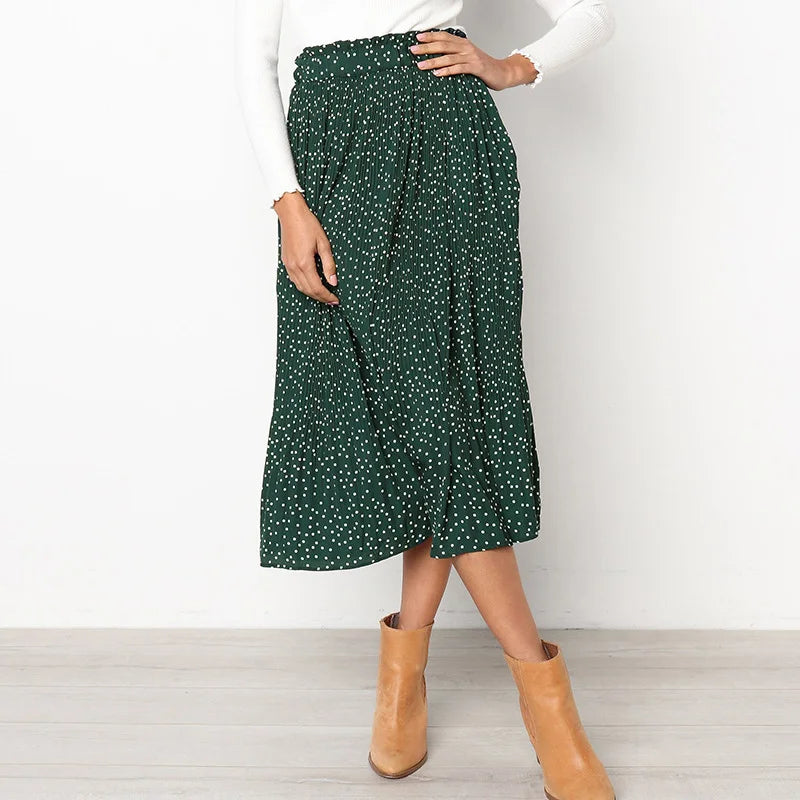 Pleated Polka-Dot Midi Skirt