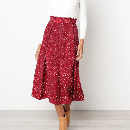 Pleated Polka-Dot Midi Skirt