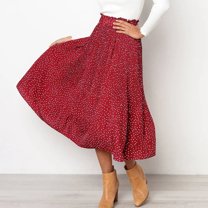 Pleated Polka-Dot Midi Skirt