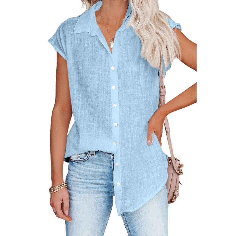 Cotton Linen Short-Sleeved Button-Down Shirt