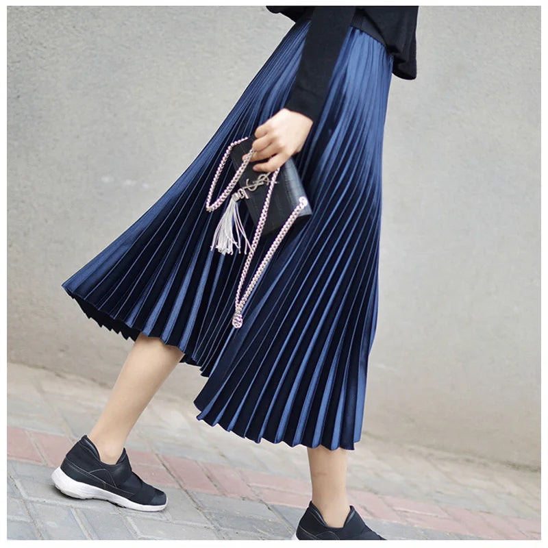 Metallic Pleated Midi Skirt