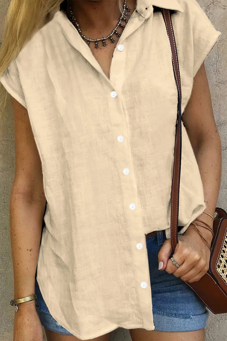 Cotton Linen Short-Sleeved Button-Down Shirt