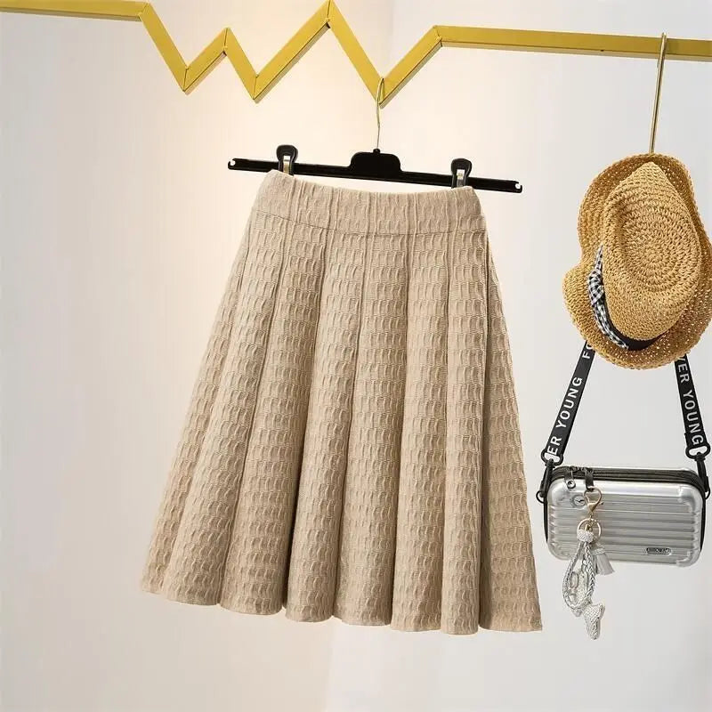 Waffle-Knit Pleated Knee-Length Skirt