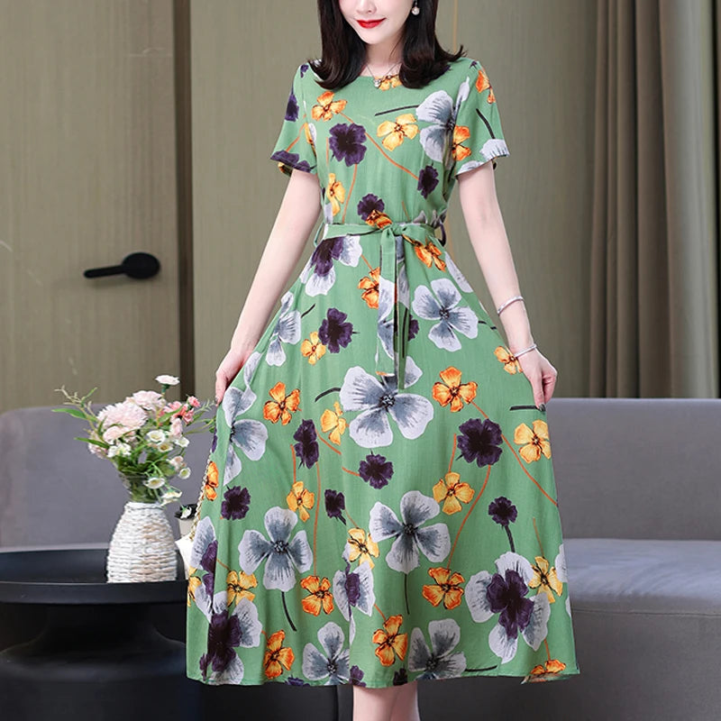 Cotton Linen Short-Sleeved Midi Dress
