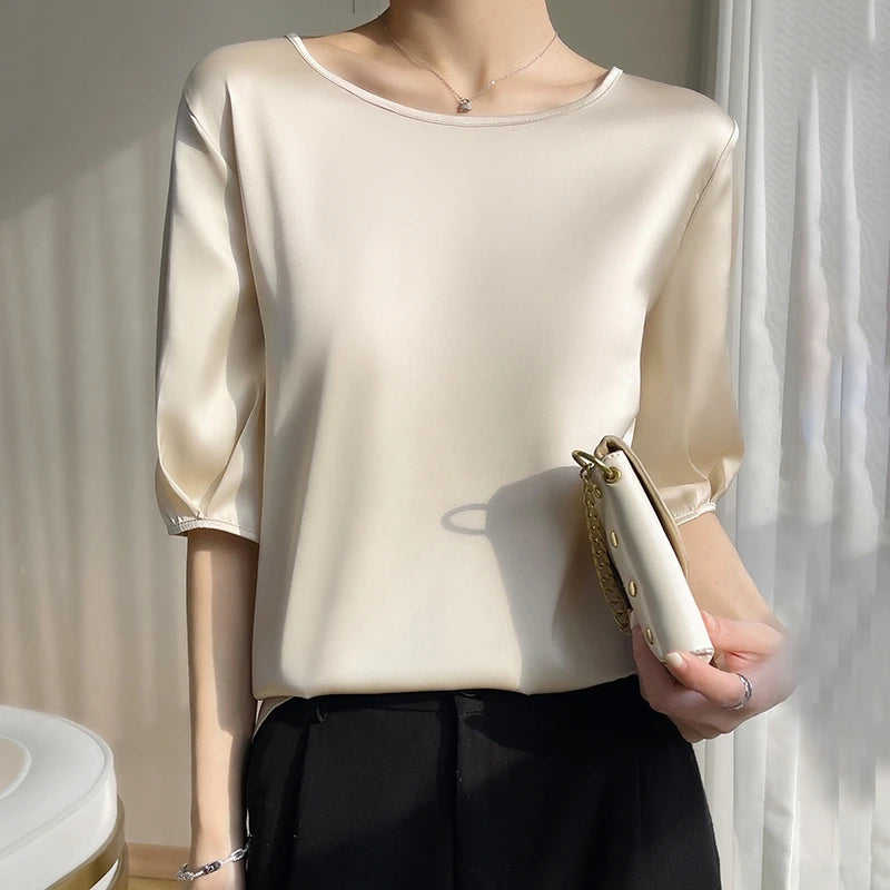 Five-Point Sleeve Satin Blouse