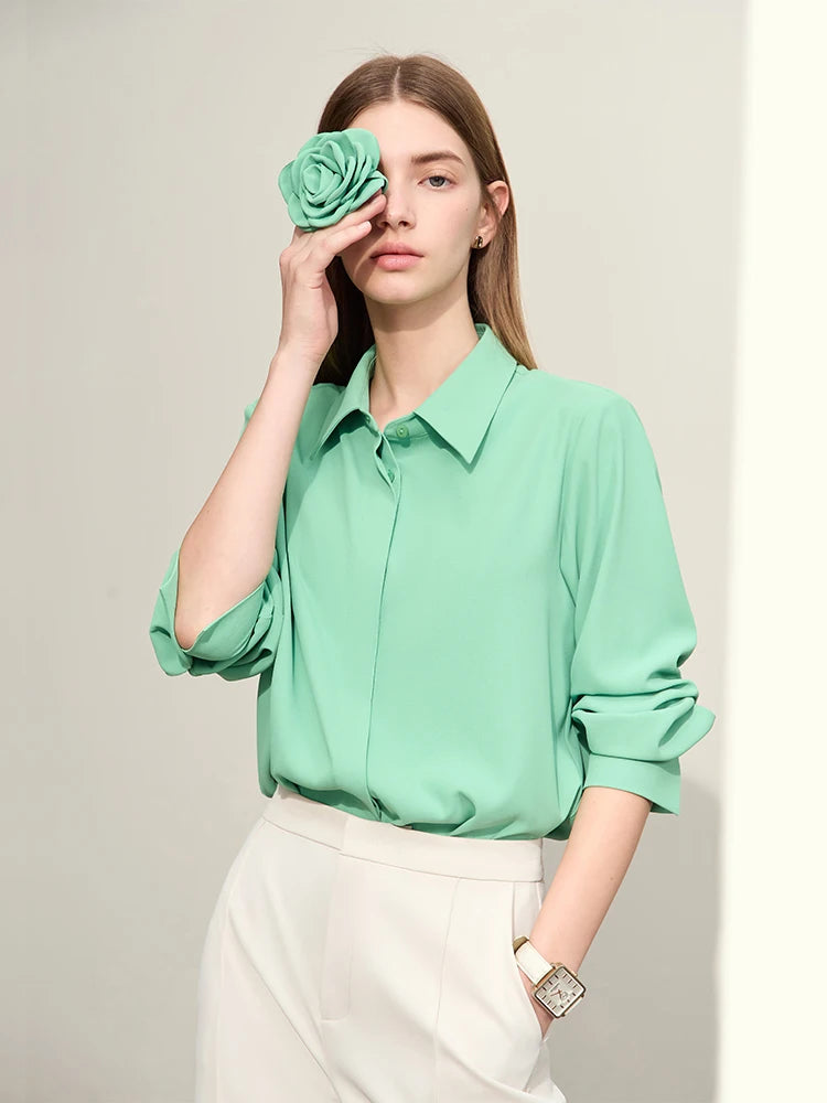 Amii Chiffon Button-Down Flower-Lapel Blouse