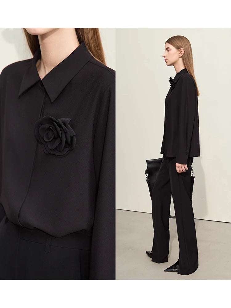 Amii Chiffon Button-Down Flower-Lapel Blouse
