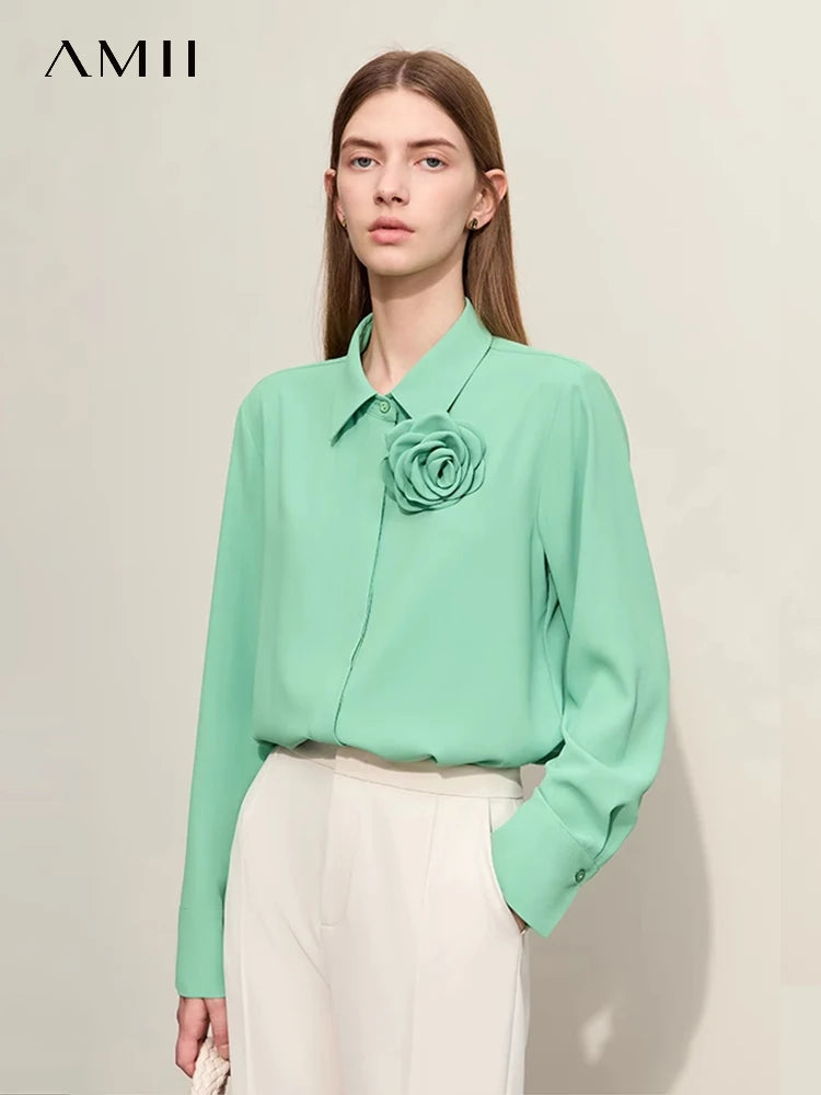 Amii Chiffon Button-Down Flower-Lapel Blouse