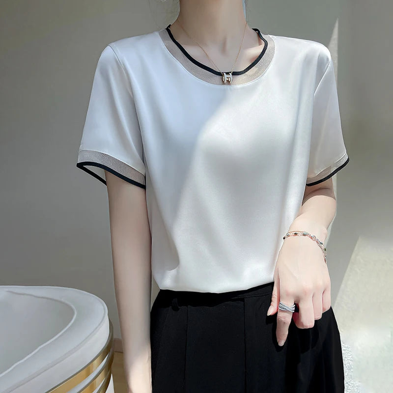 Beliarst Satin Piped Short-Sleeved Blouse