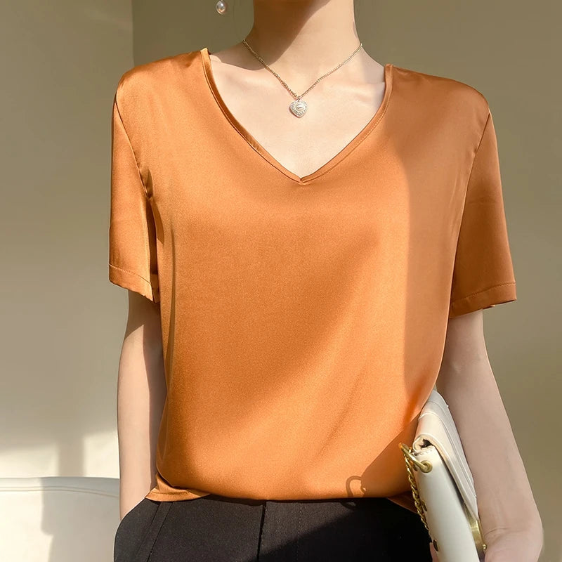 Satin Short-Sleeved V-Neck Blouse