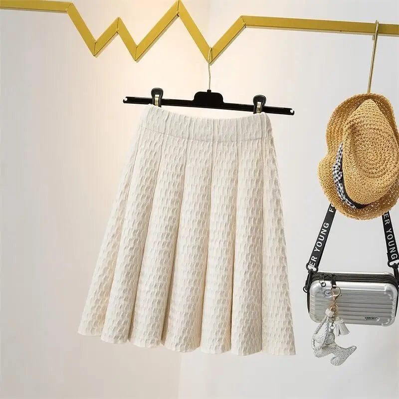 Waffle-Knit Pleated Knee-Length Skirt