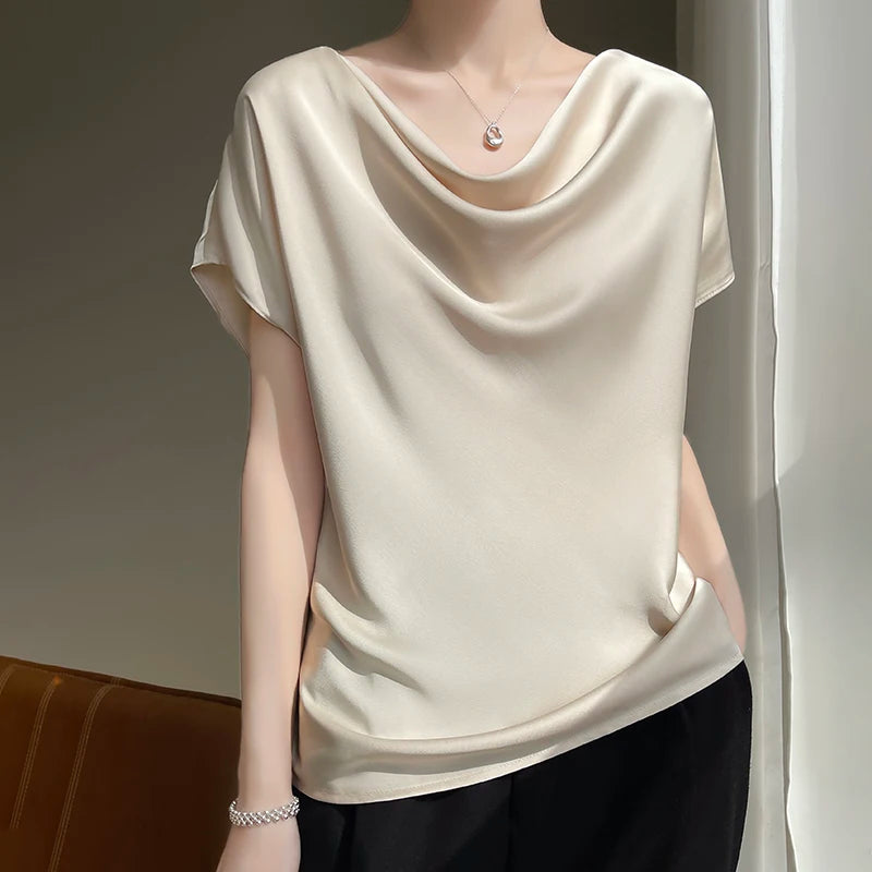 Beliarst Cowl-Neck Short-Sleeved Silk Blouse