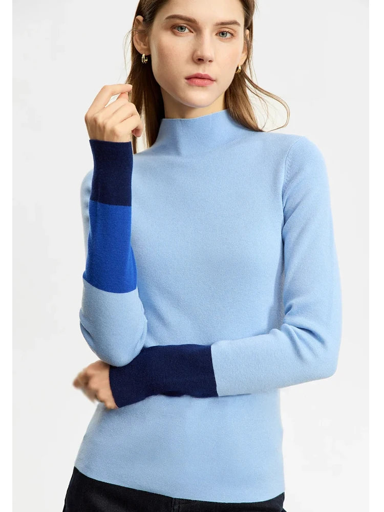 Amii Wool-Blend Color Block Sleeve Turtleneck