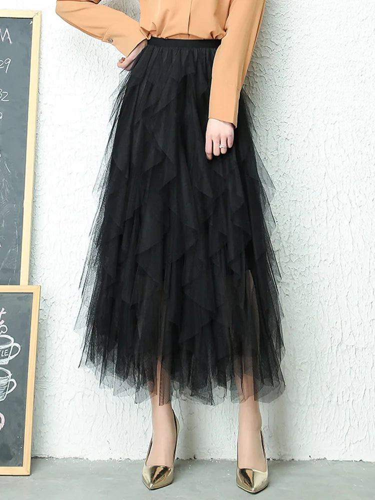 Tulle Ruffle Midi Skirt