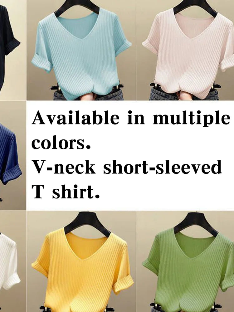 V-Neck Short-Sleeved Ribbed Blouse