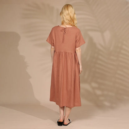Vintage Cotton Linen Midi Pocket Dress