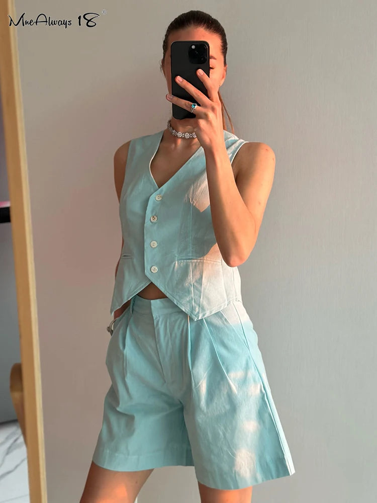 Cotton Linen Vest and Short Suit